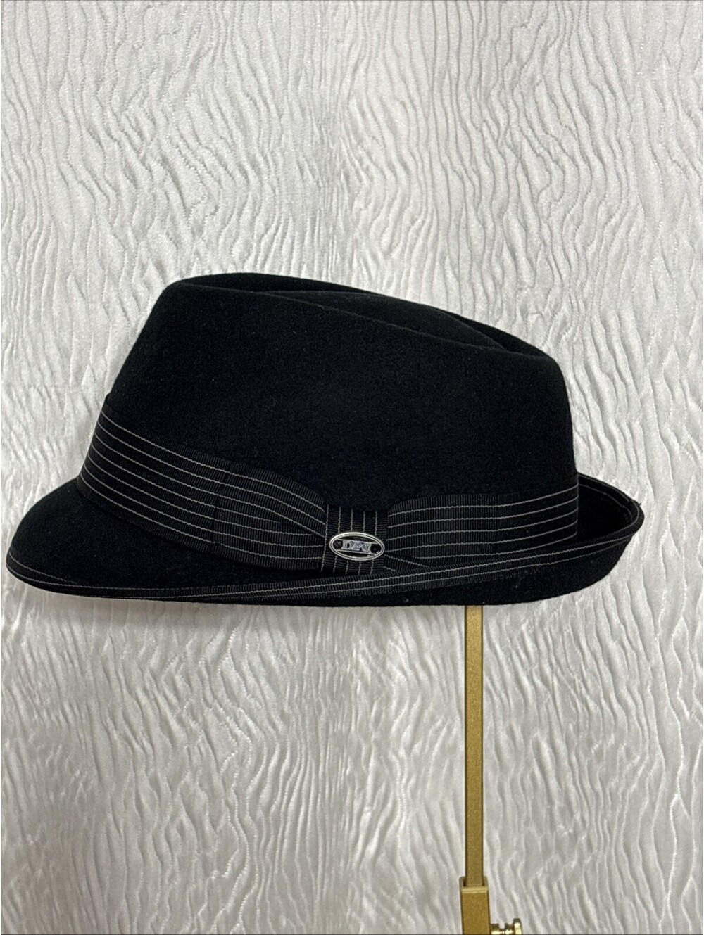 DPC 1921 Black Fedora Hat Soft Felt Mens Large 7-1/4 Herringbone Pattern